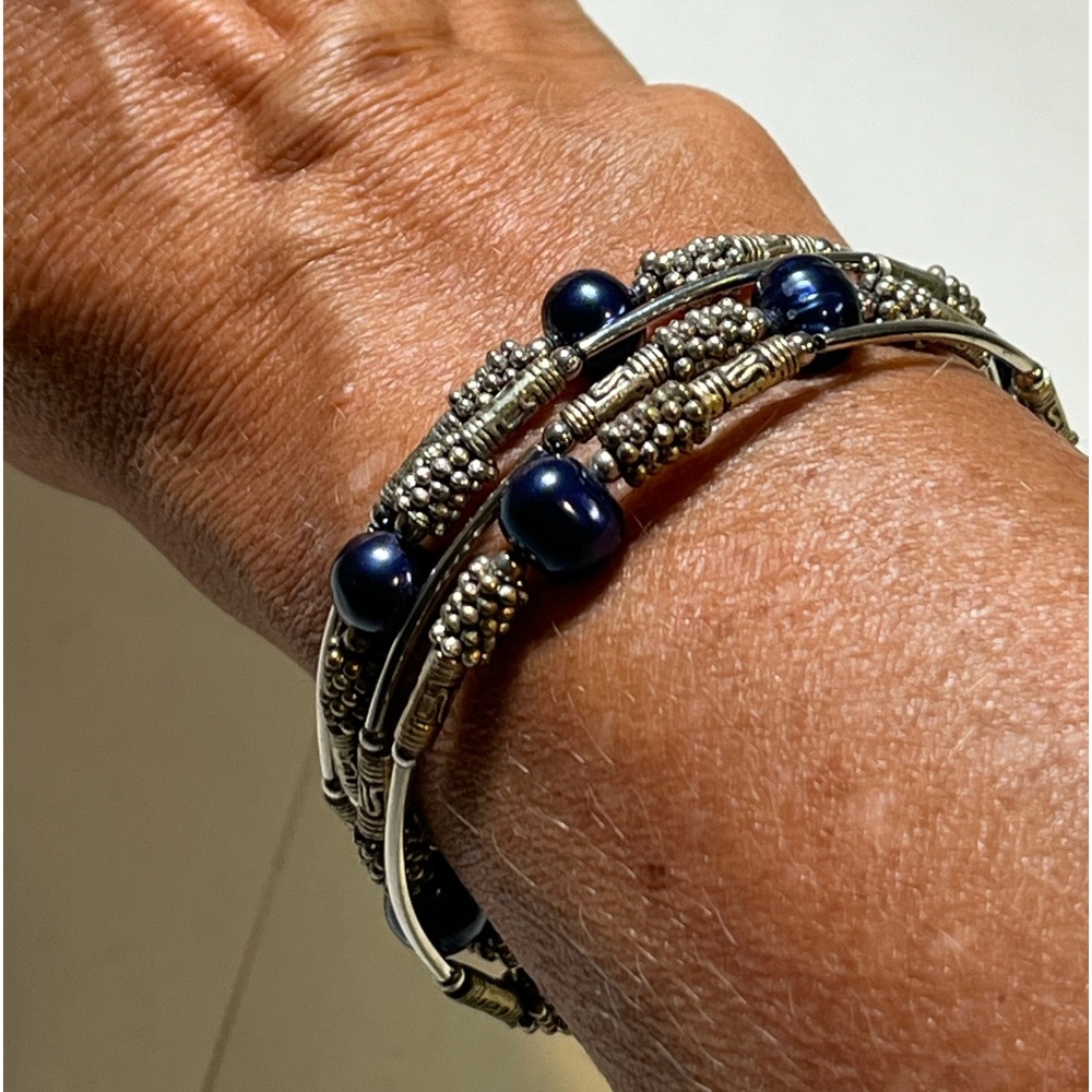 EUC: handmade, silver, and purple/blue beaded coiled bracelet